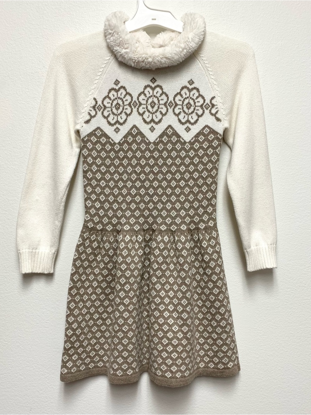 Janie and Jack Fur Collar Fair Isle Sweater Dress Girls Size 6 Christmas Holiday